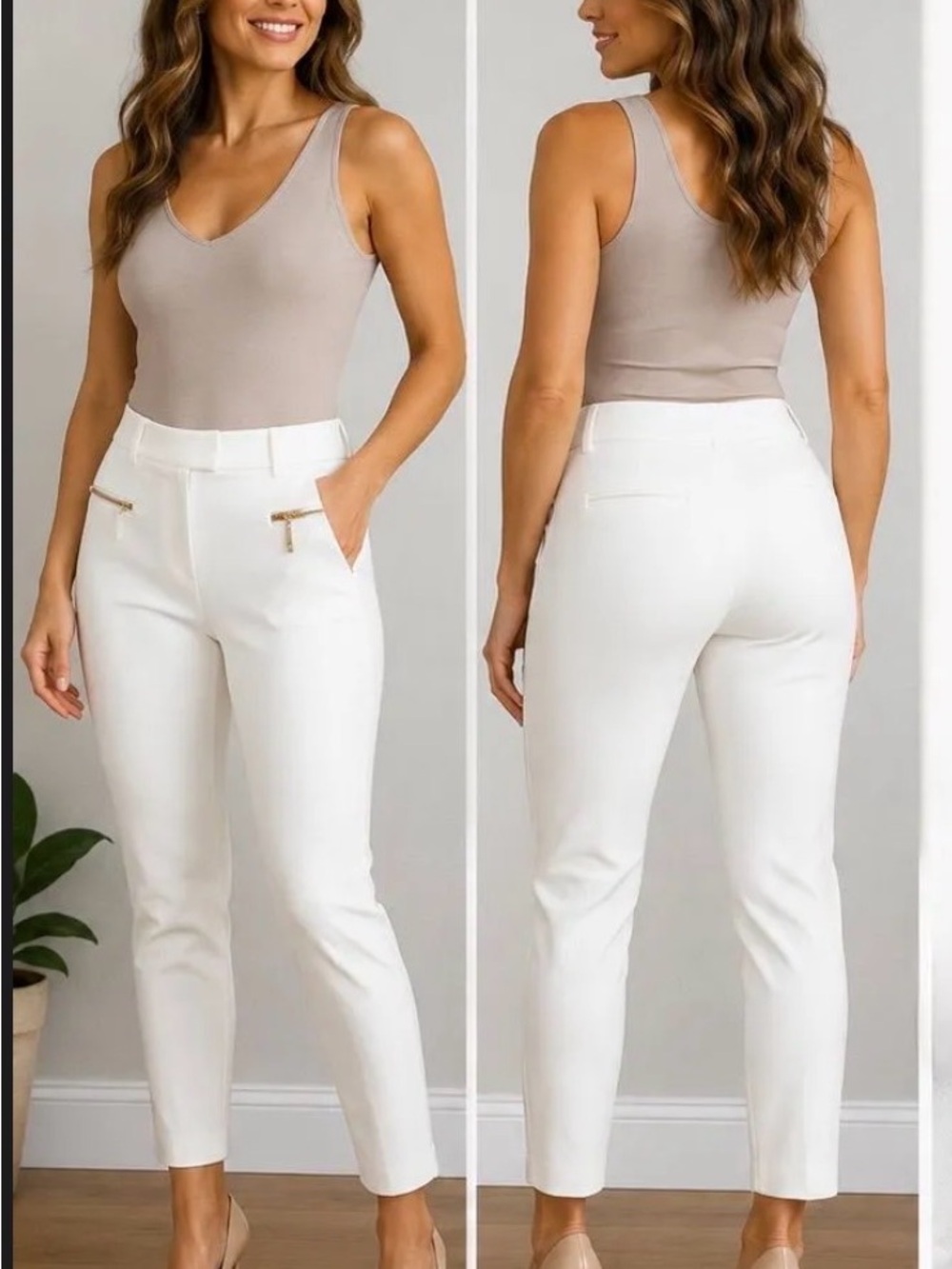 Ivanka Trump White Cropped Slim Ankle Pants with Gold Zips